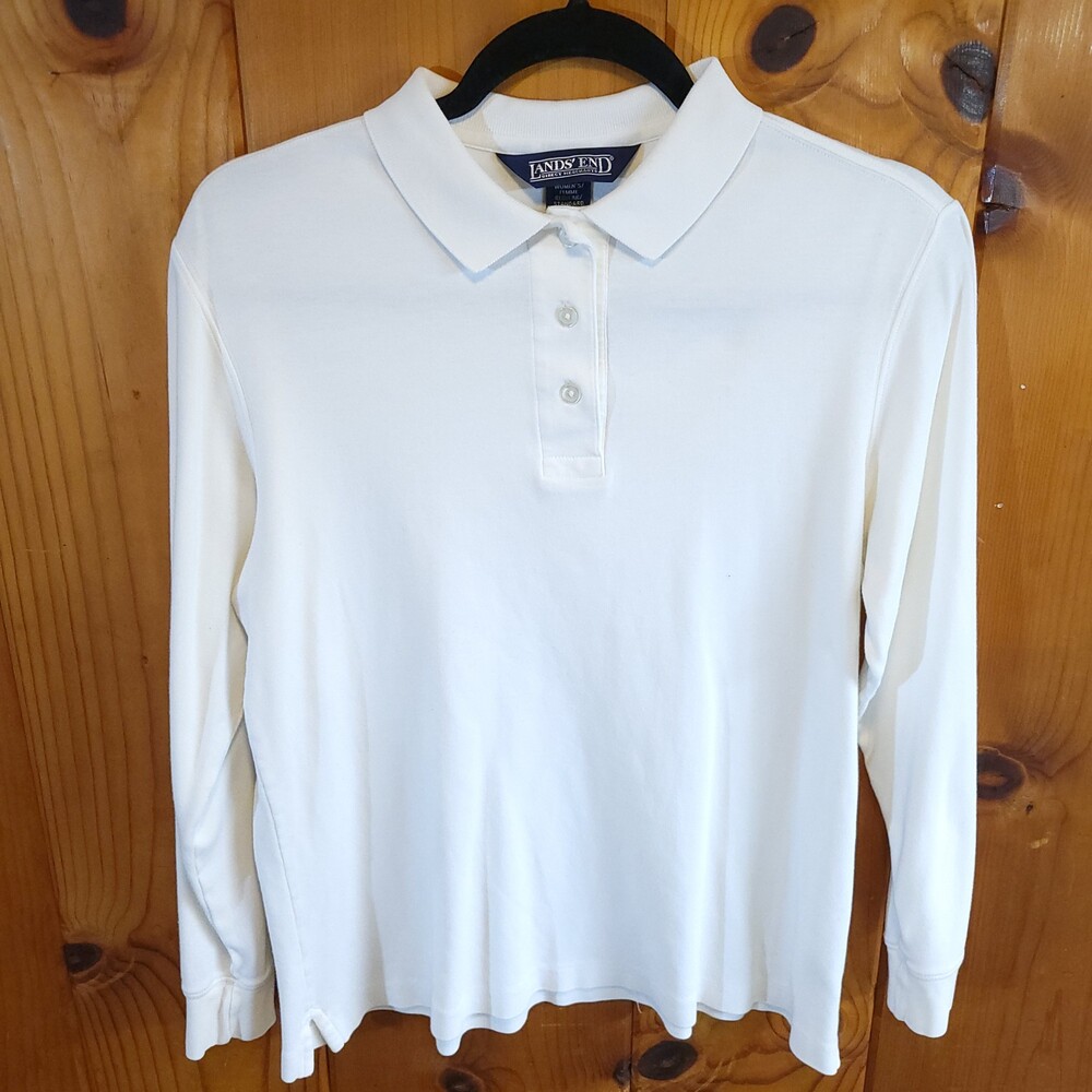 Vintage y2k Lands' End Small White Cotton Long Sleeve Polo Shirt preppy vtg